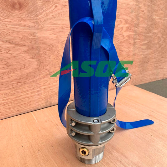 Tuyau souple plat en PU bleu avec raccord fileté inox et collier de serrage, pour pompe de forage