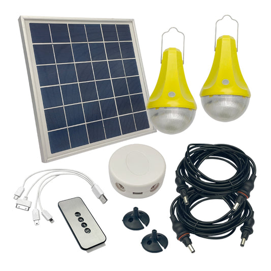 Kit d'éclairage solaire ULIT-2 : panneau solaire, deux ampoules LED suspendues, boîtier batterie, télécommande, câble USB multiple et câbles de raccordement