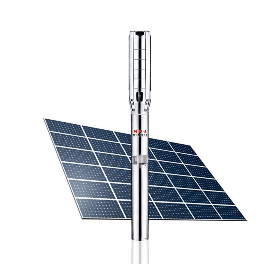Kit de pompage solaire NRJSOLAIRE : pompe immergée inox et champ de panneaux photovoltaïques (photo produit)