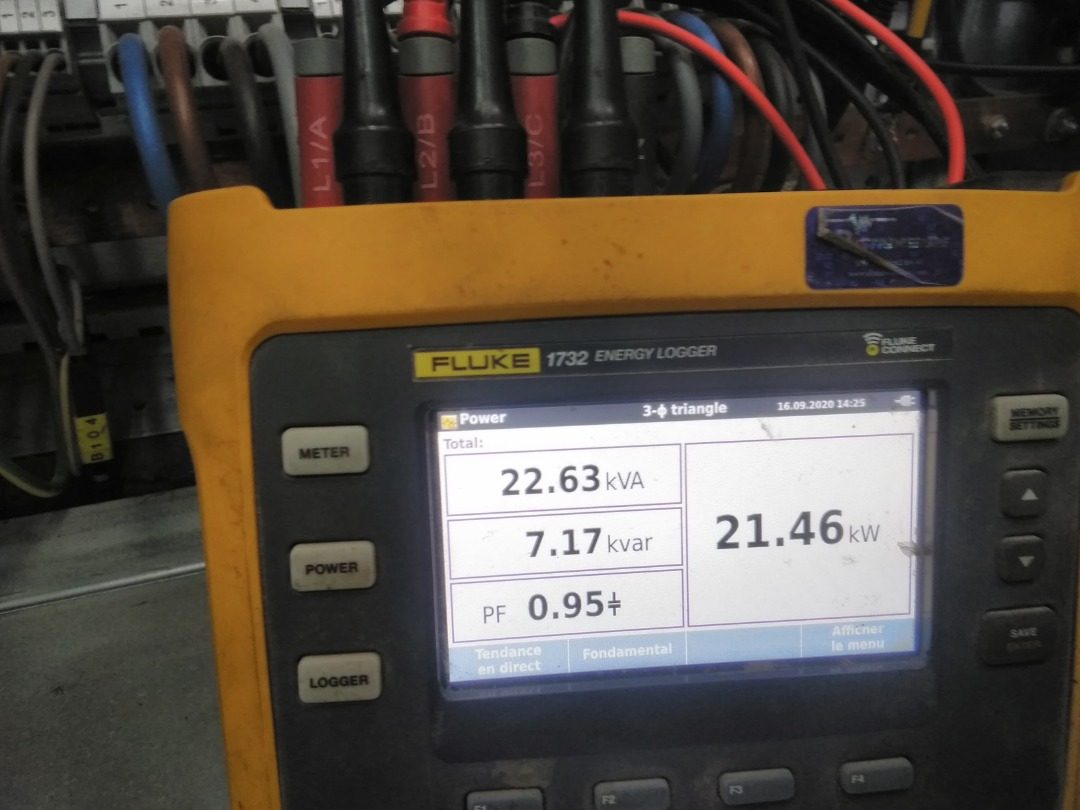 Analyseur d'énergie Fluke 1732 en mesure : 22,63 kVA, 21,46 kW, facteur de puissance 0,95